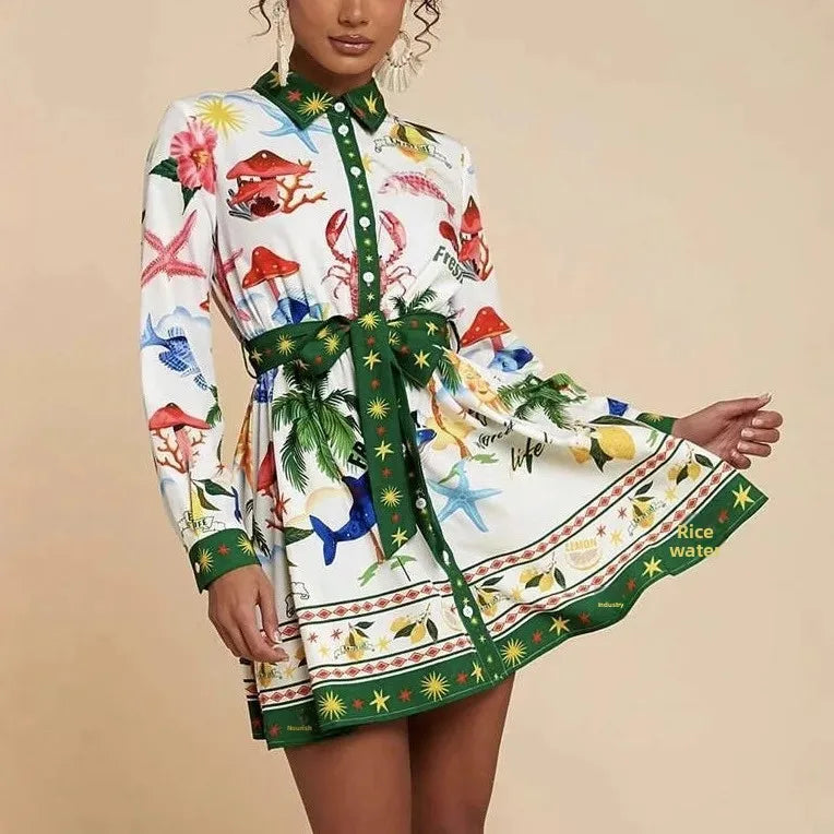 Floral Print Linen Shirt Dress - Knot Waist Midi Length