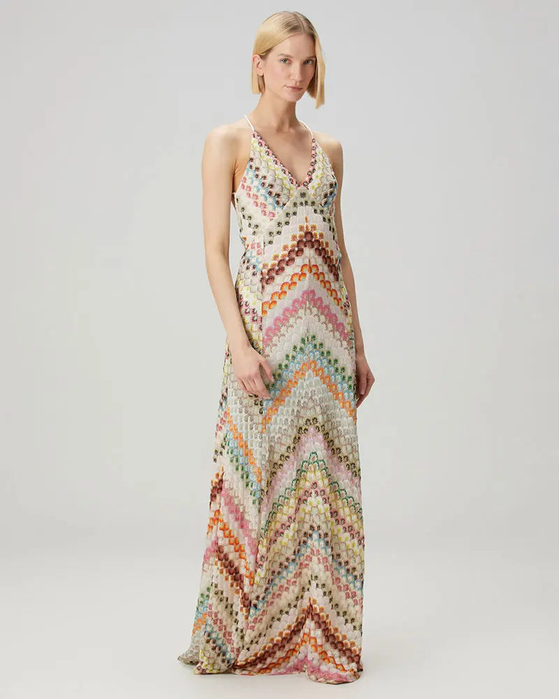 Crochet Halter Maxi Dress - V-Neck Backless Knit Dress