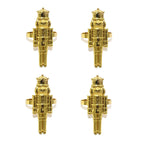 Four gold nutcracker-shaped napkin rings on a white background