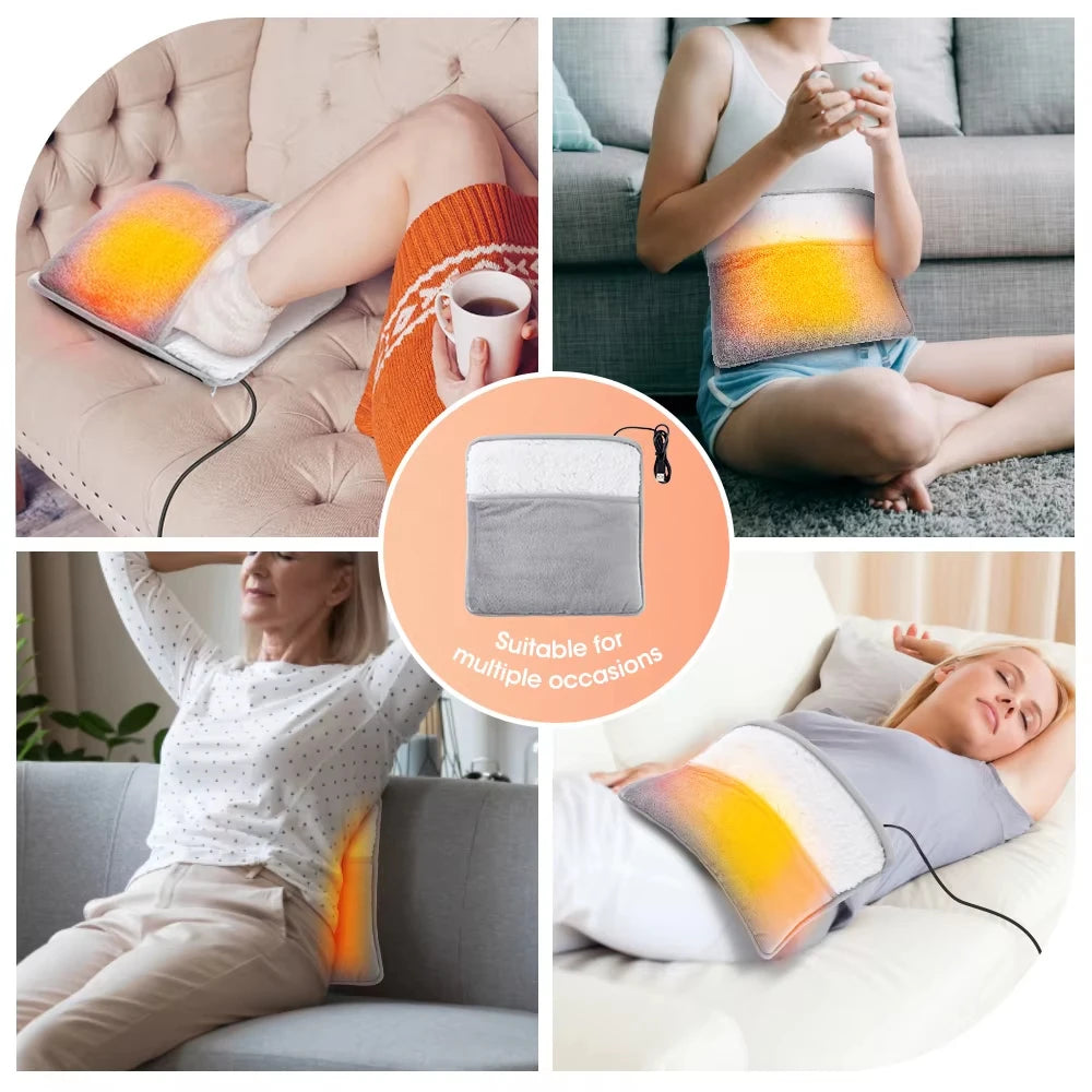 Collage of people using a heating pad in various settings