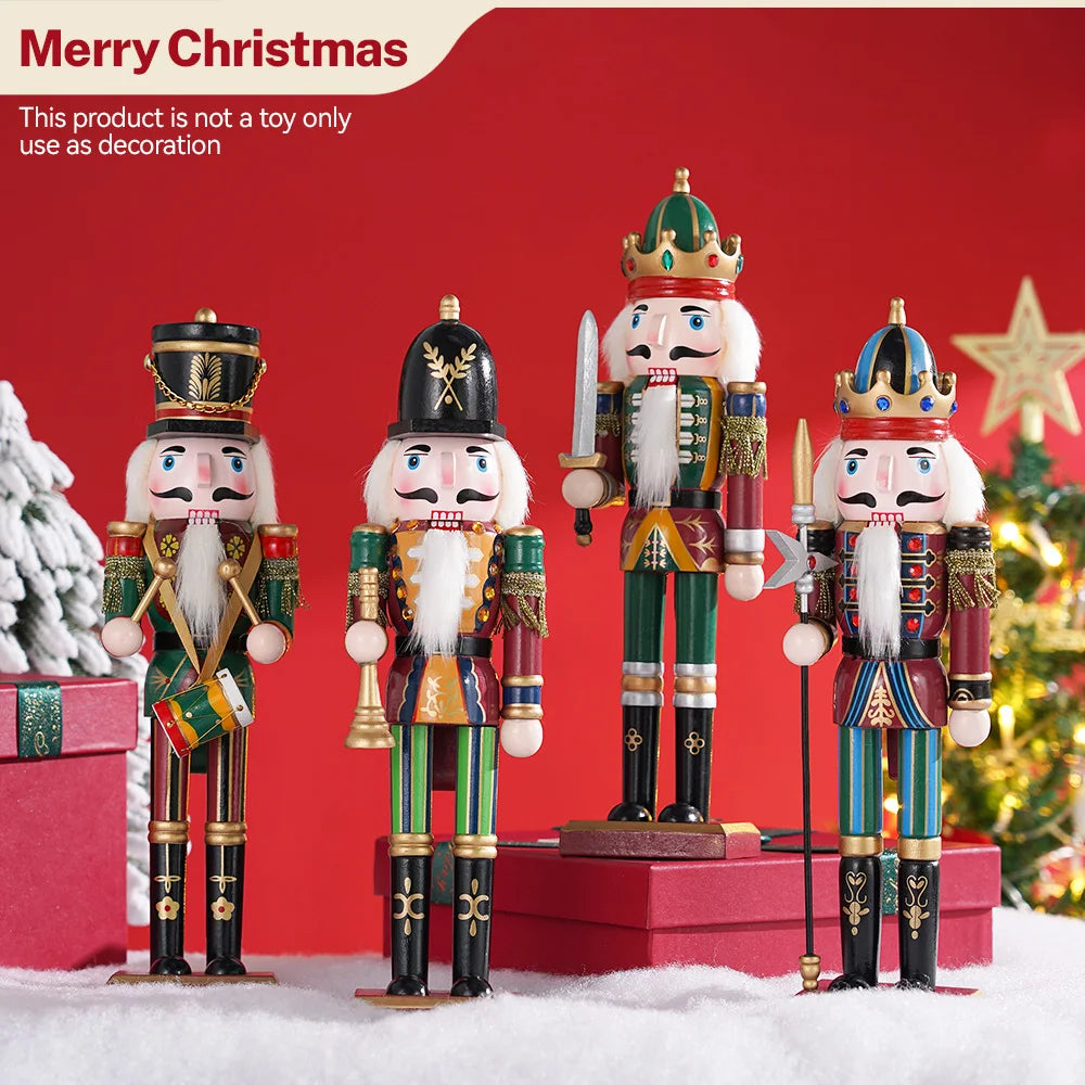 Four decorative nutcrackers with festive attire on a red background