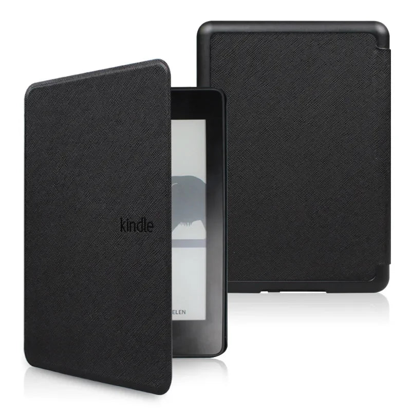 Black Kindle case with a white screen displaying the Kindle logo on a white background