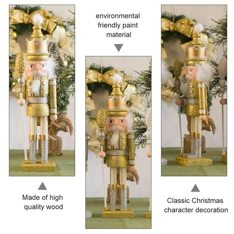Decorative nutcracker figure with gold and silver attire, surrounded by Christmas decorations.