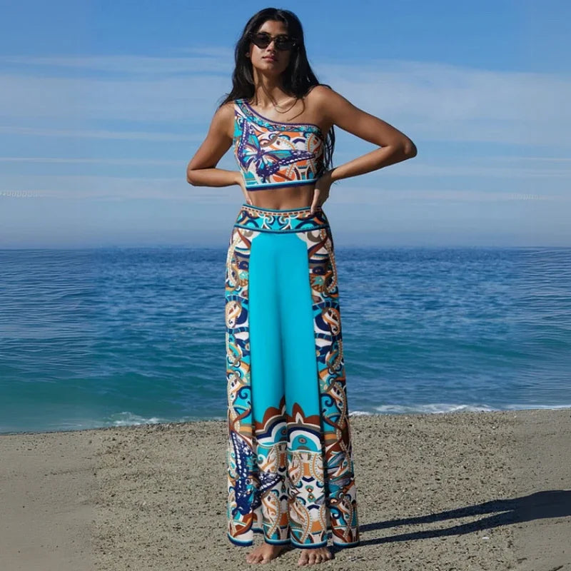 One Shoulder V-Neck Bikini - Vintage Print Swimwear