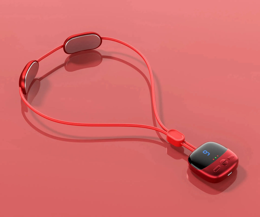 Red wireless earbud on a red background