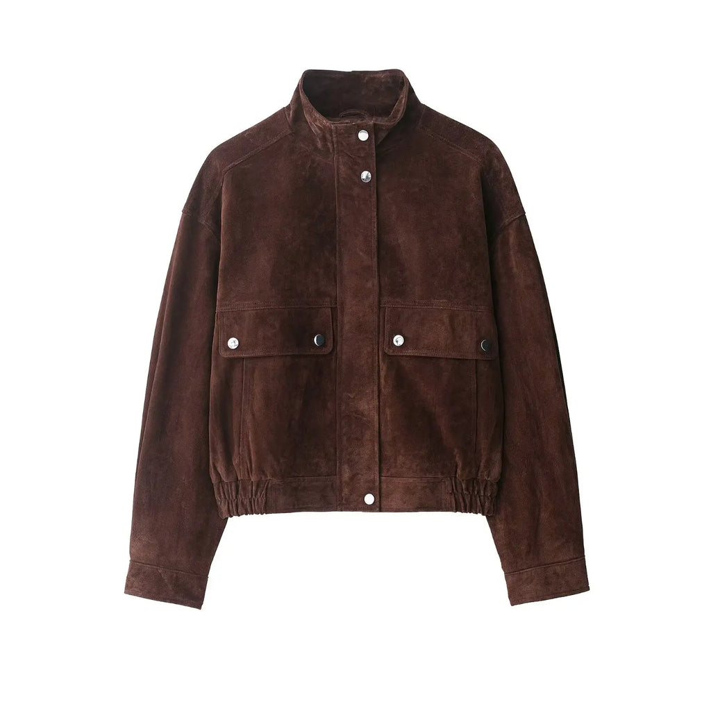 Brown suede jacket with button details on a white background