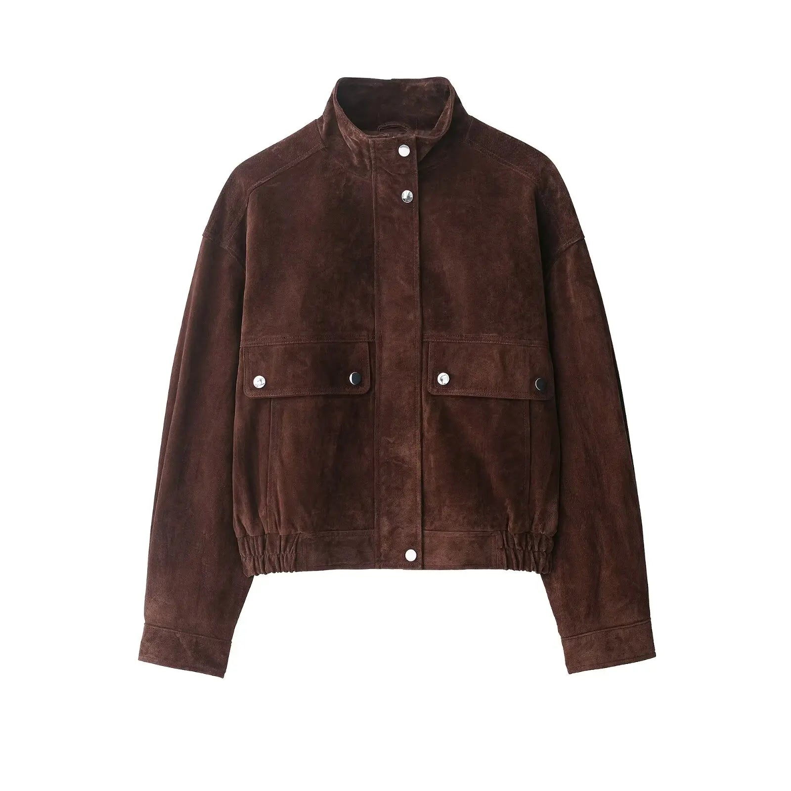 Brown suede jacket with button details on a white background