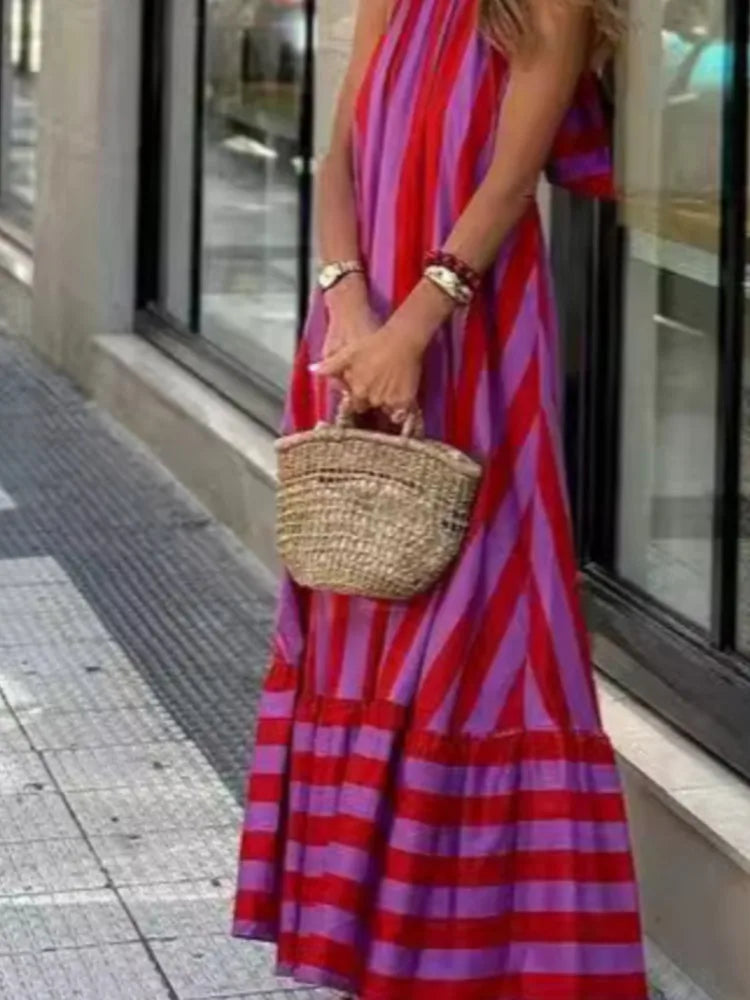 Striped Halter Neck Maxi Dress - Backless Lace-Up Vacation Dress
