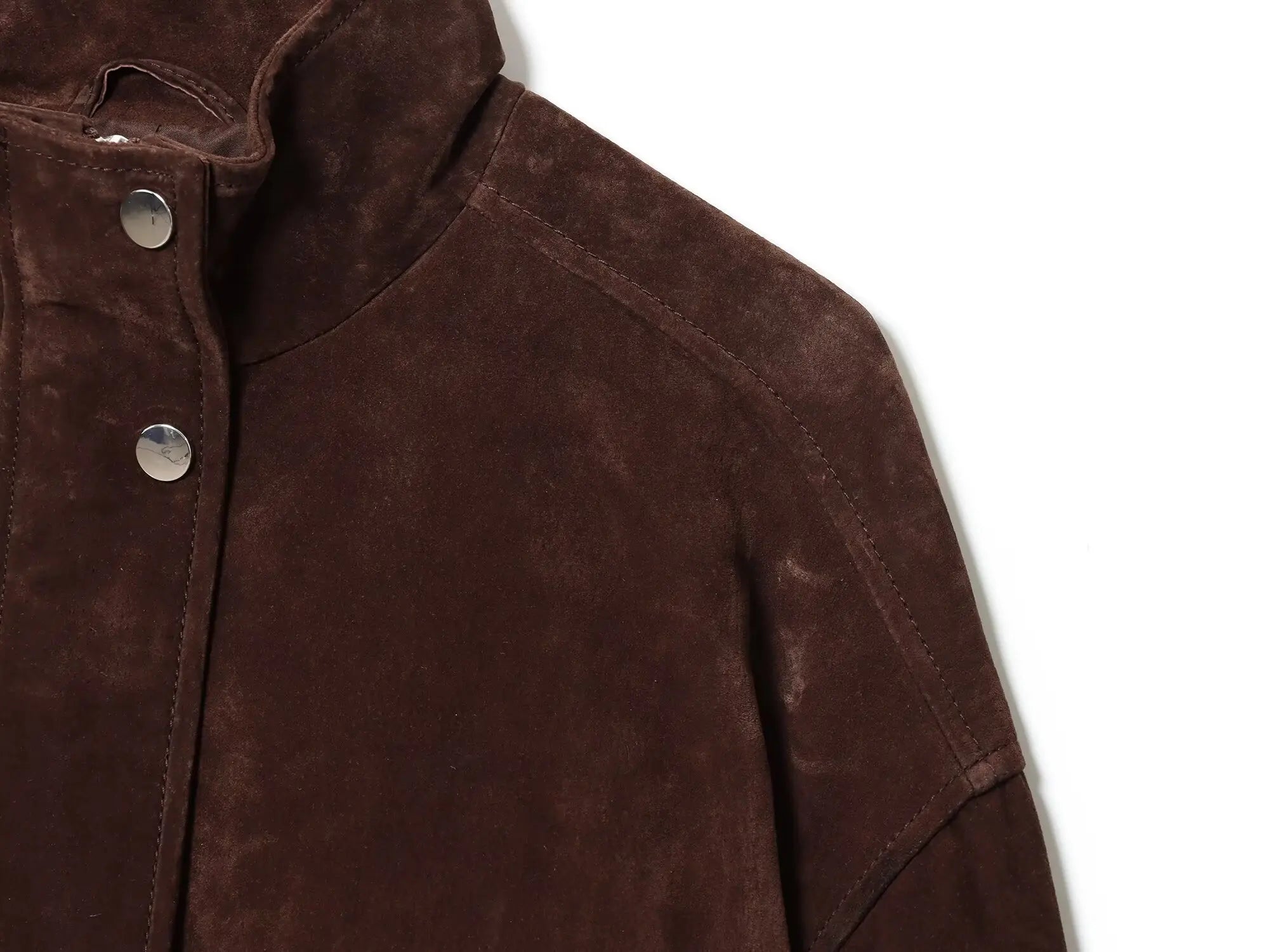 Brown suede jacket with silver buttons on a white background