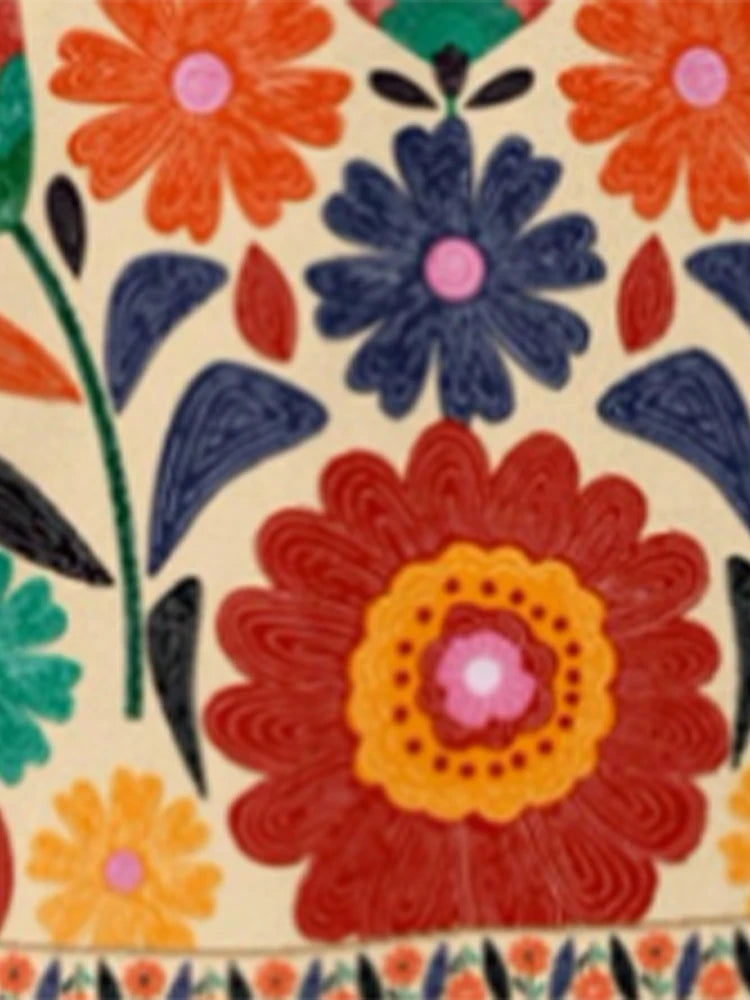 Colorful floral pattern with red, blue, and orange flowers on a beige background