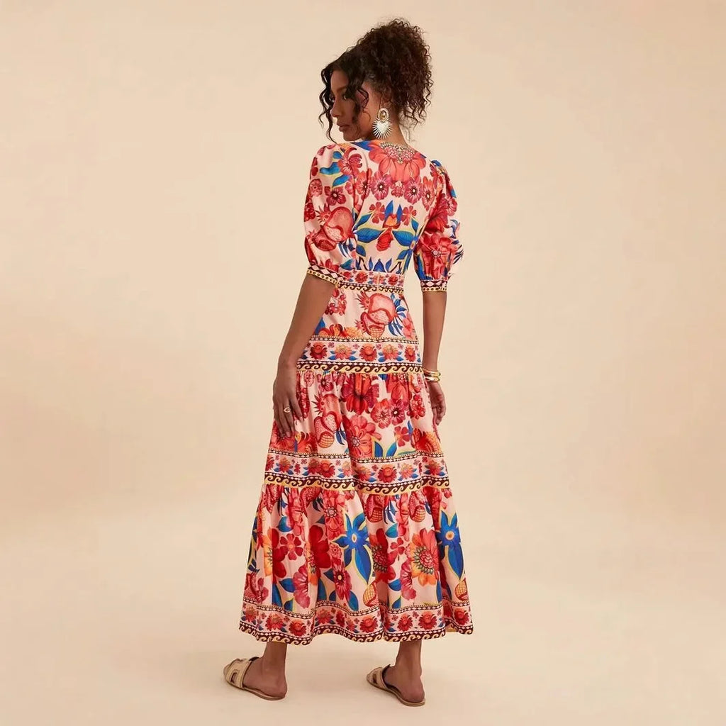 Floral Print Bubble Sleeve Maxi Dress - V-Neck Summer Dress