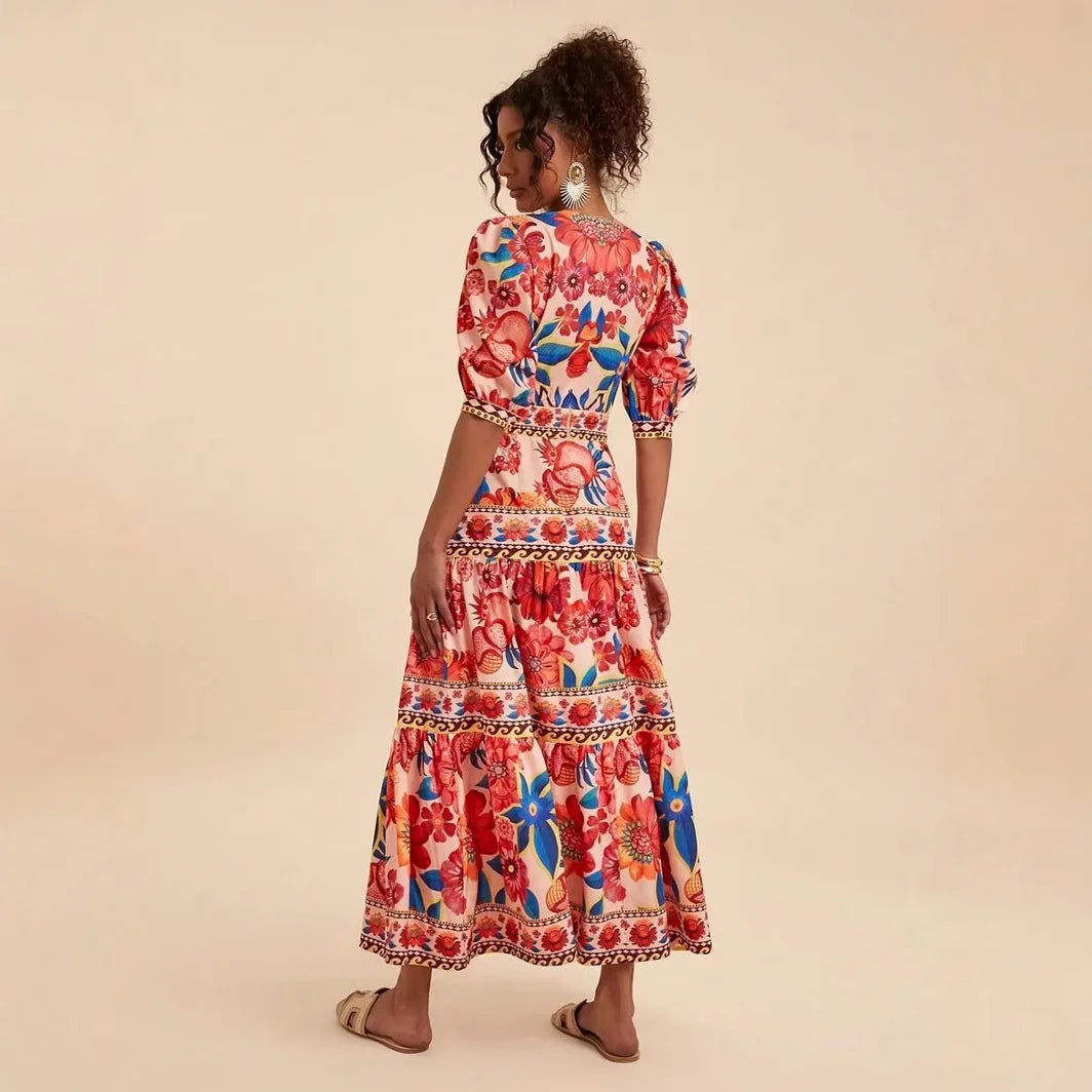 Floral Print Bubble Sleeve Maxi Dress - V-Neck Summer Dress