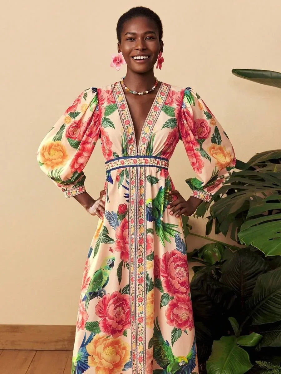 Bohemian Lantern Sleeve Midi Dress - V-Neck Loose Fit Dress