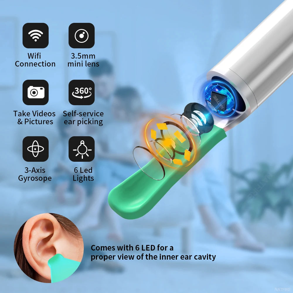 Ear cleaning tool with features highlighted on a blue background