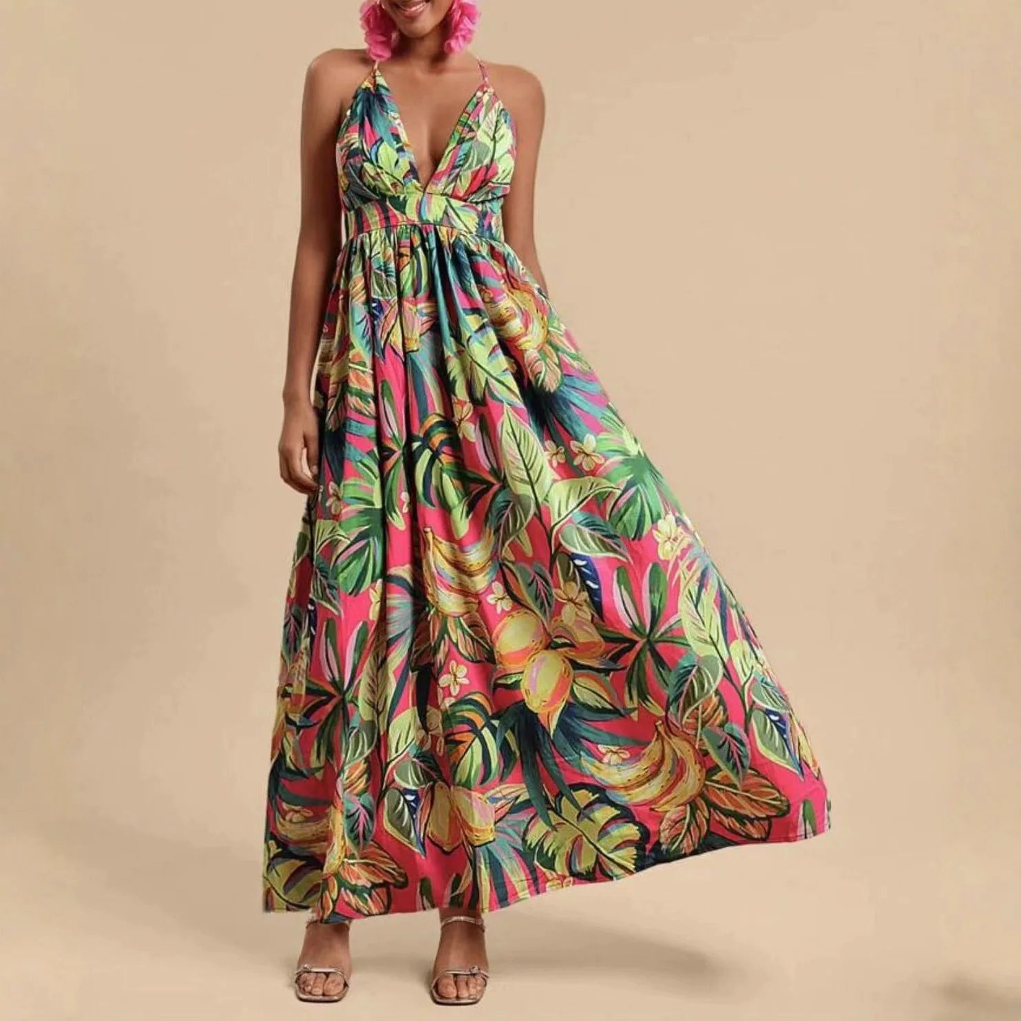 Printed Halter Maxi Dress Set - Bold V-Neck Summer Dress