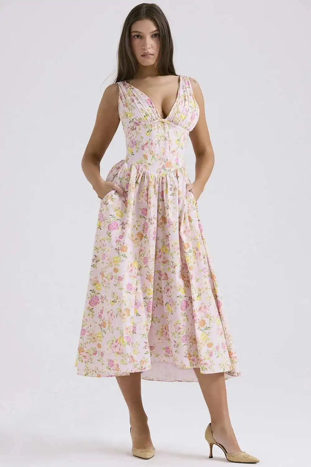 Floral Print Wrap Midi Dress - Spaghetti Strap A-Line - Cottagecore Style