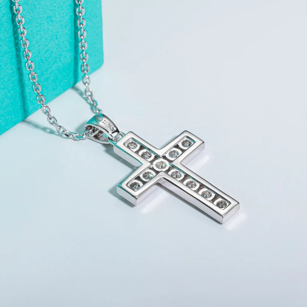 Moissanite Cross Pendant Necklace - 925 Sterling Silver 2.2ct