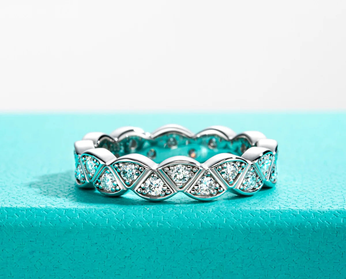 D Color Moissanite Leaf Eternity Band - 925 Sterling Silver Bezel Set Wedding Ring