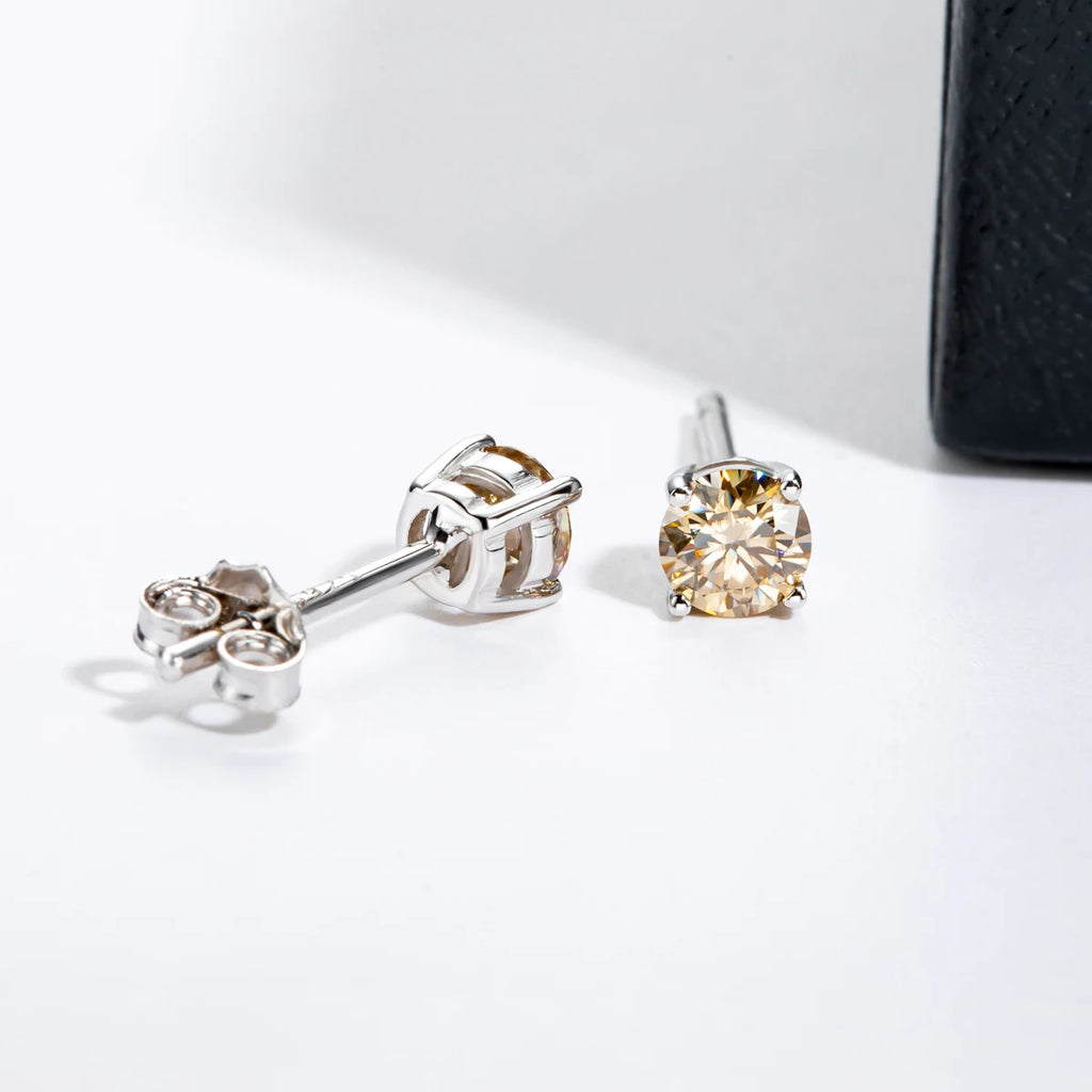 4mm Champagne Moissanite Stud Earrings - 925 Silver 18K Gold Plated