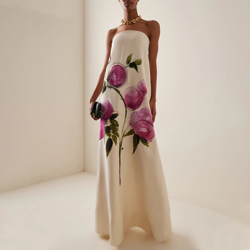 Bandeau Blossom Print Maxi Dress - Sleeveless Party Dress