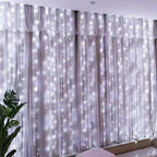 White string lights curtain with a plant on the left side