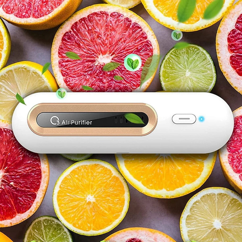 Air purifier surrounded by sliced citrus fruits on a dark background