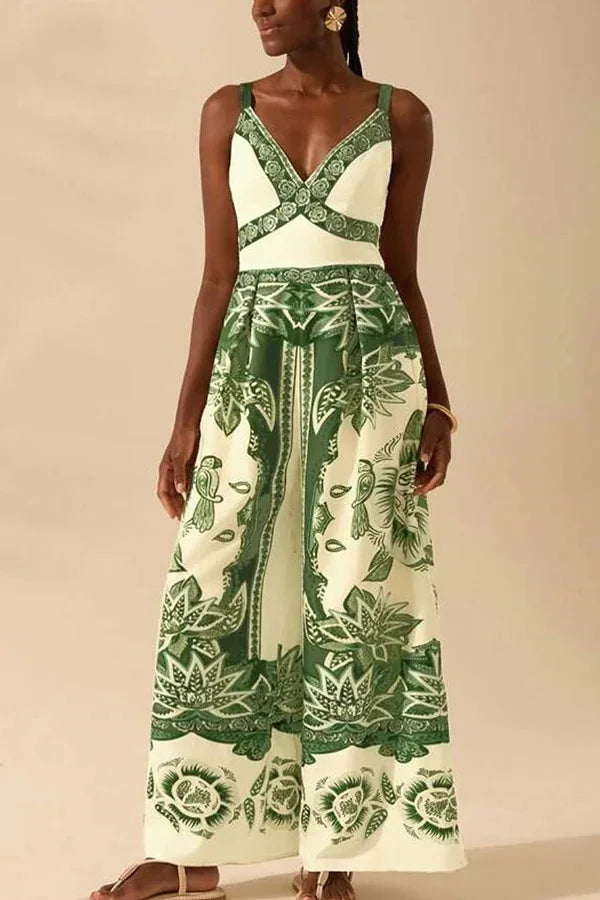 Woman wearing a green and white patterned dress against a beige background