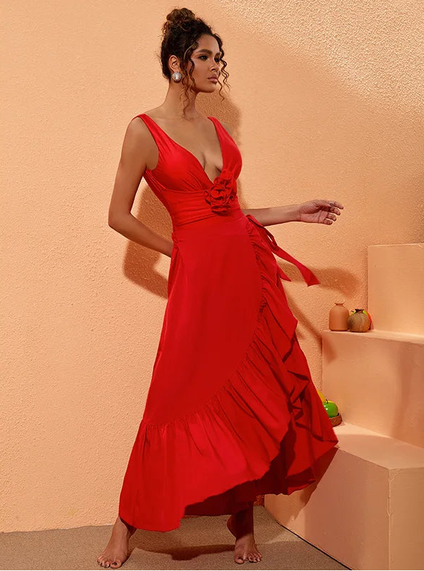 3D Flowers High Waist Bikini - Red Floral Swimwear