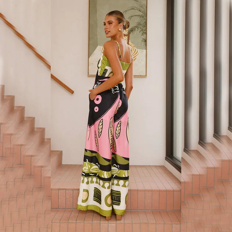 Printed Spaghetti Strap Jumpsuit - Lace-Up Wide Leg Boho Romper
