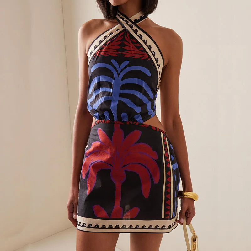 Printed Halter Mini Dress - Lace-Up Backless Bohemian Summer Dress