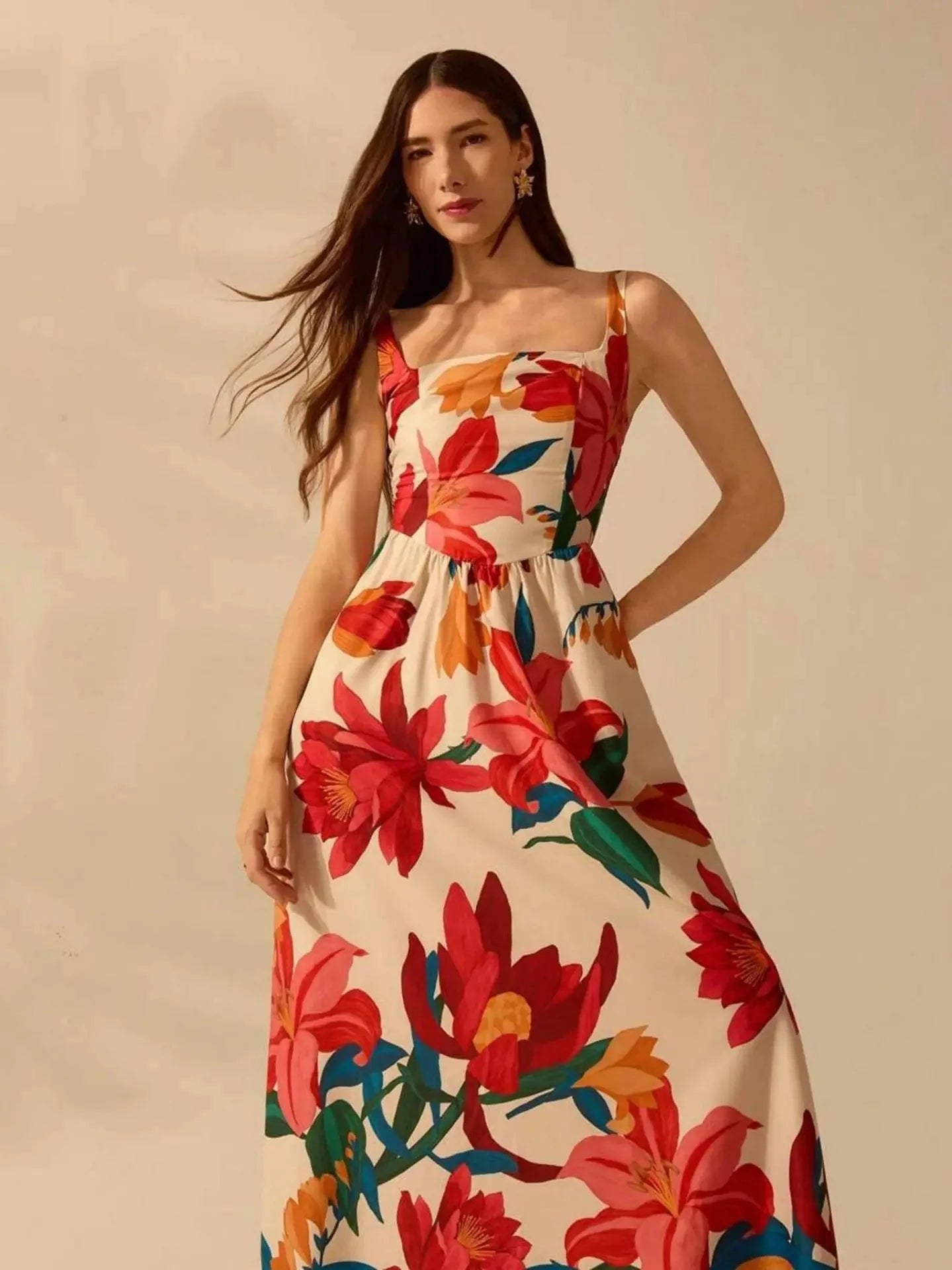 Floral Print A-Line Maxi Dress - Square Collar Sleeveless