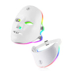 White LED face and neck mask with colorful lights on a white background
