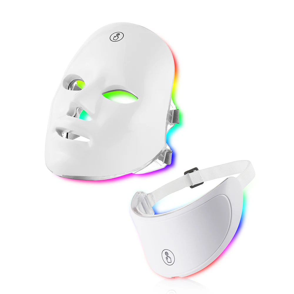 White LED face and neck mask with colorful lights on a white background