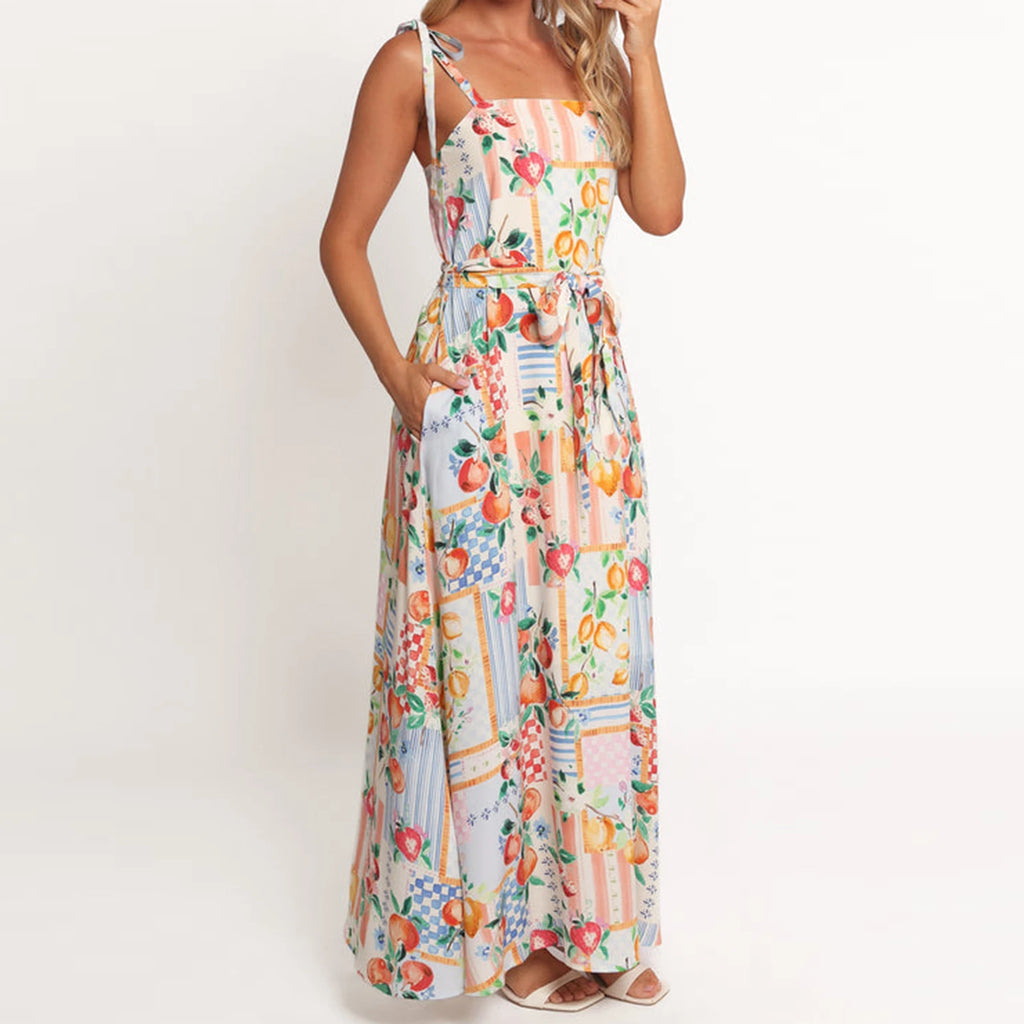 Floral Print Maxi Dress with Belt - Backless Spaghetti Strap Summer Dress