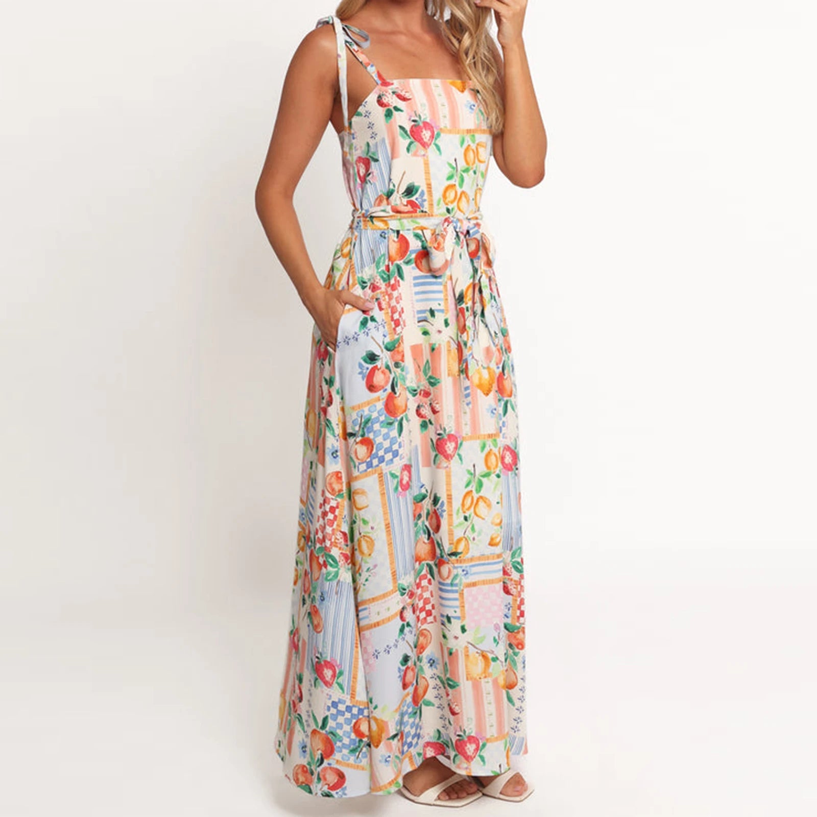 Floral Print Maxi Dress with Belt - Backless Spaghetti Strap Summer Dress