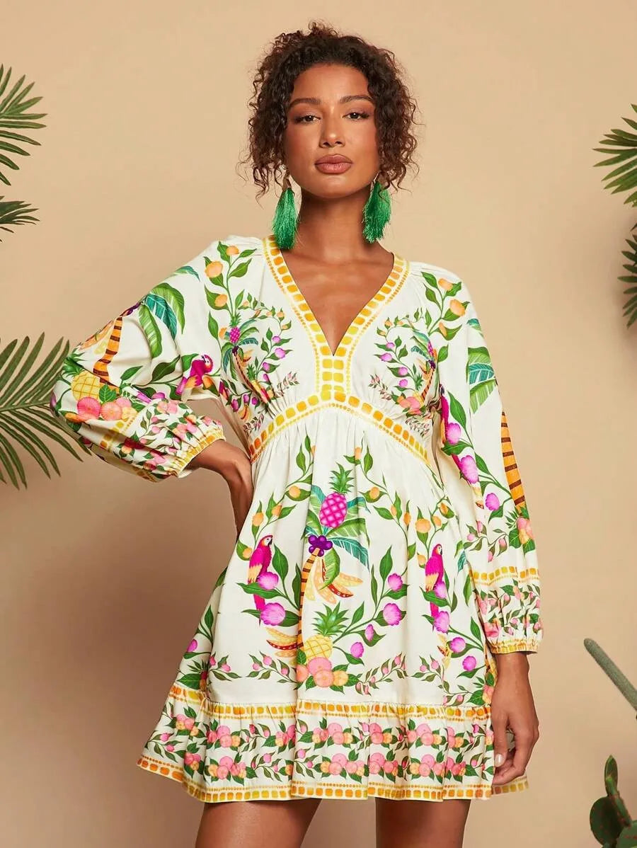 Floral Print V-Neck Midi Dress - 3/4 Sleeve High Waist Boho