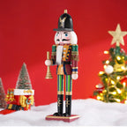 Decorative nutcracker figure with Christmas trees and red background