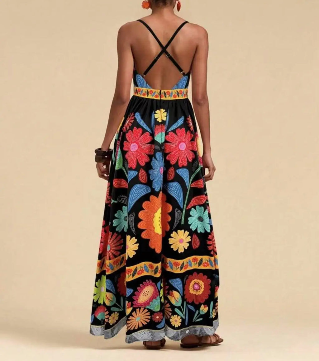 Printed Halter Maxi Dress Set - Bold V-Neck Summer Dress