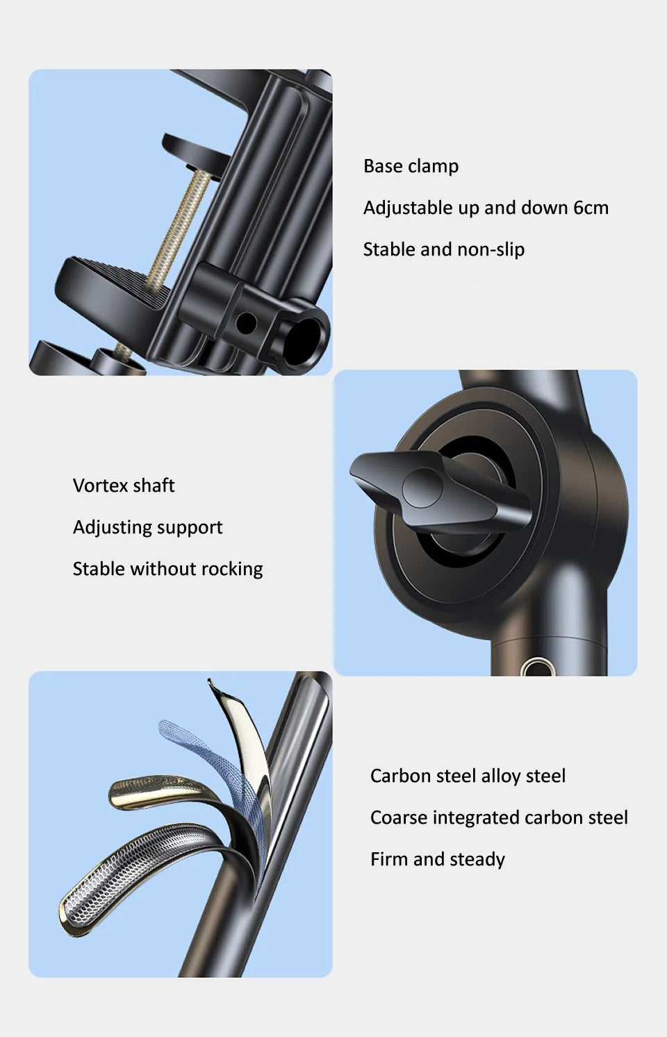 Product features with text descriptions on a blue background