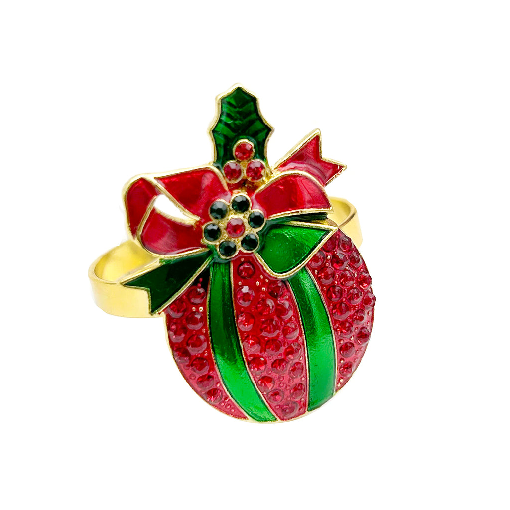 Red and green Christmas-themed ring with gold accents on a white background