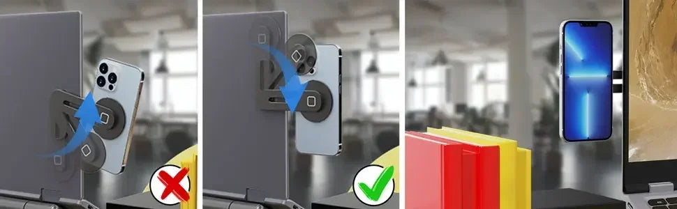 Collage of a phone case being applied to a phone with a laptop in the background