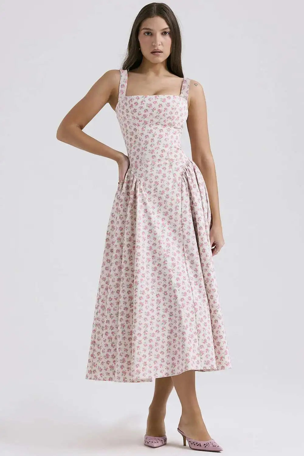 Floral Print A-Line Midi Dress - Spaghetti Strap Backless - Cottagecore Style
