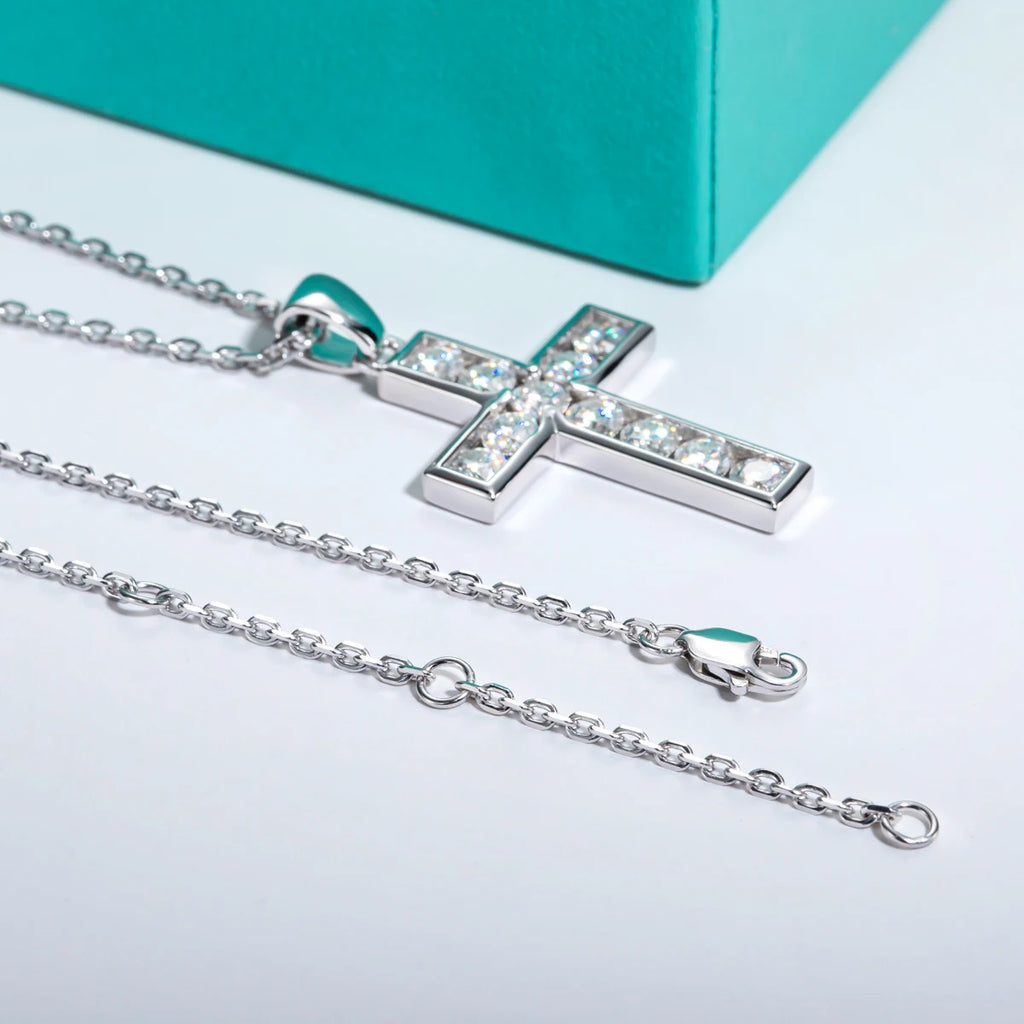 Moissanite Cross Pendant Necklace - 925 Sterling Silver 2.2ct