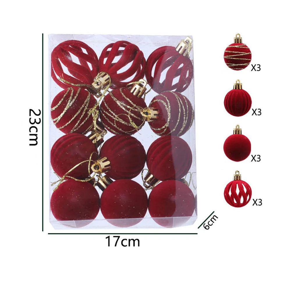 Red Christmas ornaments in a clear packaging with dimensions and quantity indicators.