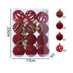 Red Christmas ornaments in a clear packaging with dimensions and quantity indicators.