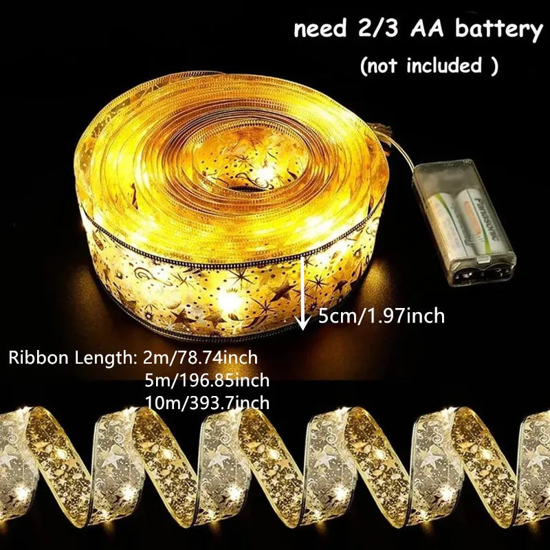 Decorative LED ribbon with battery pack and specifications on a black background