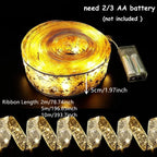 Decorative LED ribbon with battery pack and specifications on a black background