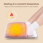 Heated foot pad with text indicating constant temperature and warmth for cold weather.
