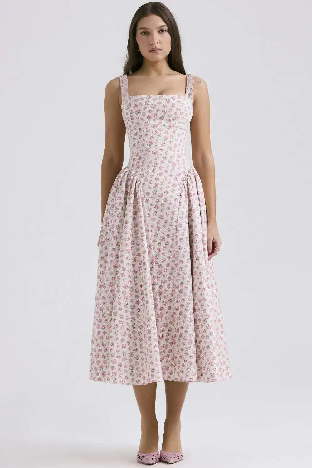 Floral Print A-Line Midi Dress - Spaghetti Strap Backless - Cottagecore Style