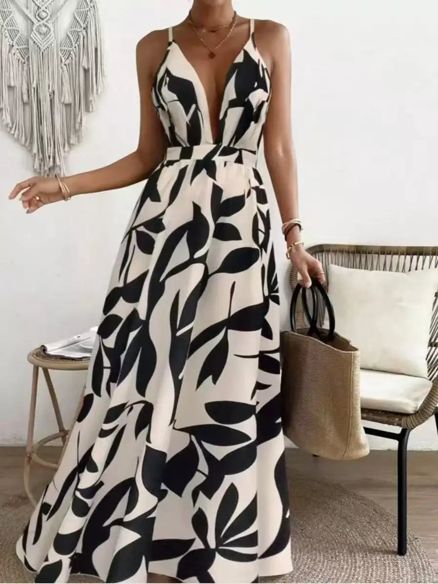 Printed Halter Maxi Dress Set - Bold V-Neck Summer Dress